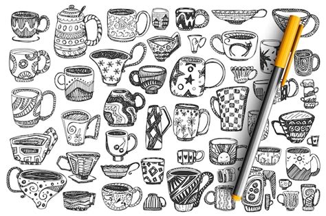 Copas doodle set colección de diferentes tazas de té de café decoradas