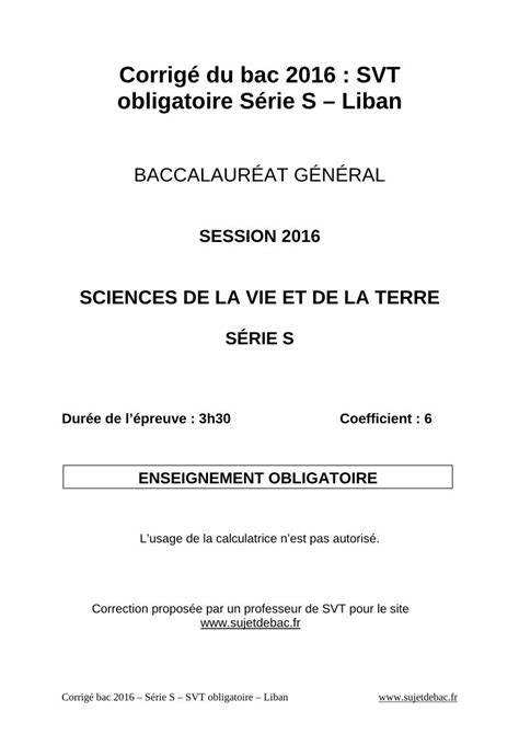 Pdf Corrig Du Bac S Svt Obligatoire Liban La M Iose Est