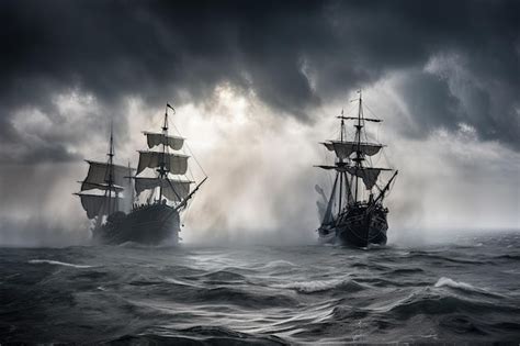 Premium Ai Image Battle Of Two Pirate Ships In The Stormy Sea With