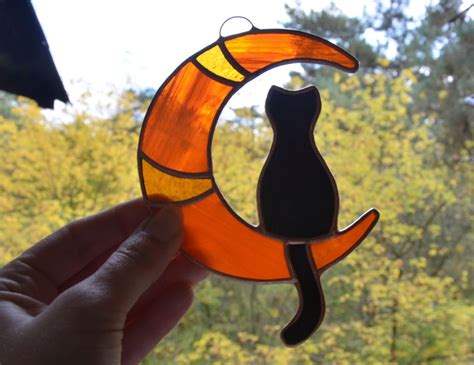 Stained Glass Black Cat On The Moon Window Hanging Etsy