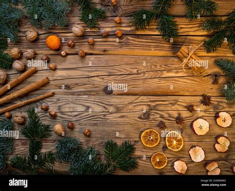 Traditional Czech Christmas On Wood Decoration With Twig Apple Orange