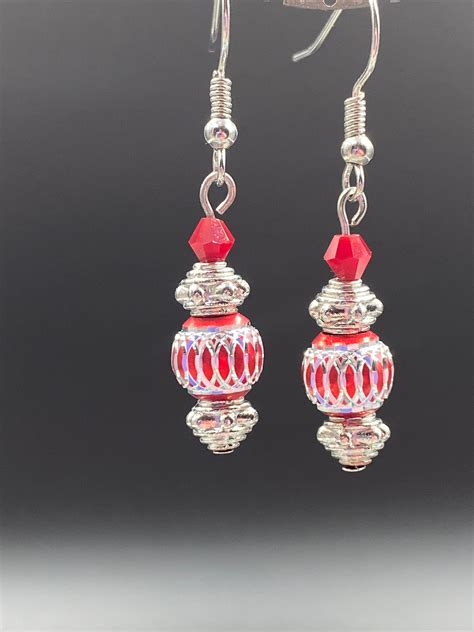 Red And Silver Dangle Earrings Etsy