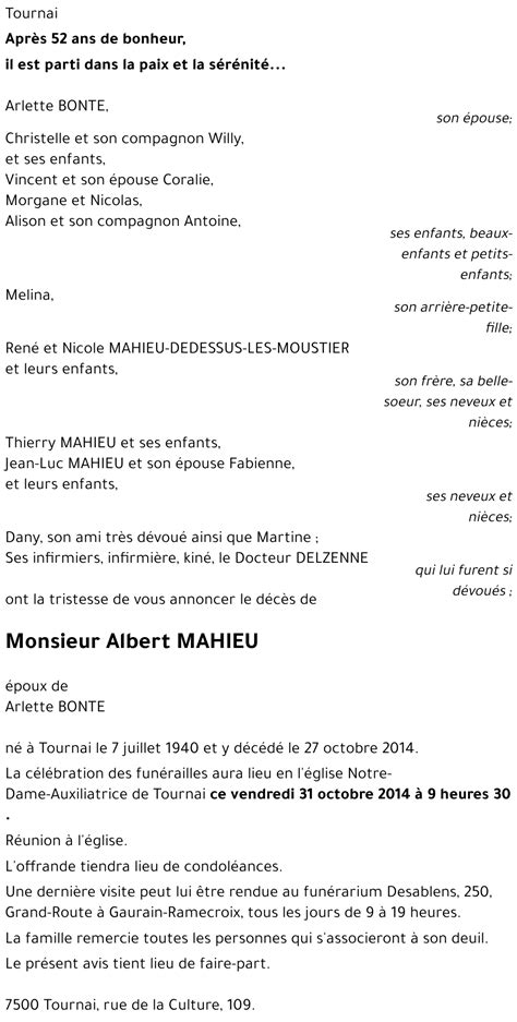 Avis De Décès De Albert Mahieu Décédé Le 27 10 2014 à Tournai Annonce