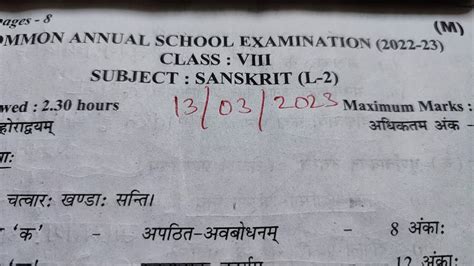 Sanskrit Annual Exam Paper Solved Class 8th Morning Shift YouTube