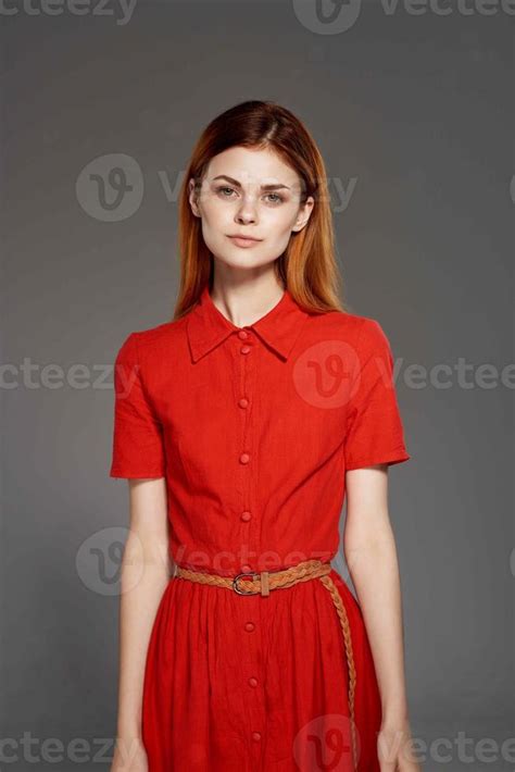 pretty woman in red dress fashion elegant style isolated background ...