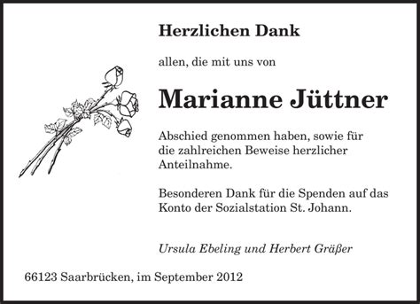 Traueranzeigen von Marianne Jüttner Saarbruecker Zeitung Trauer de