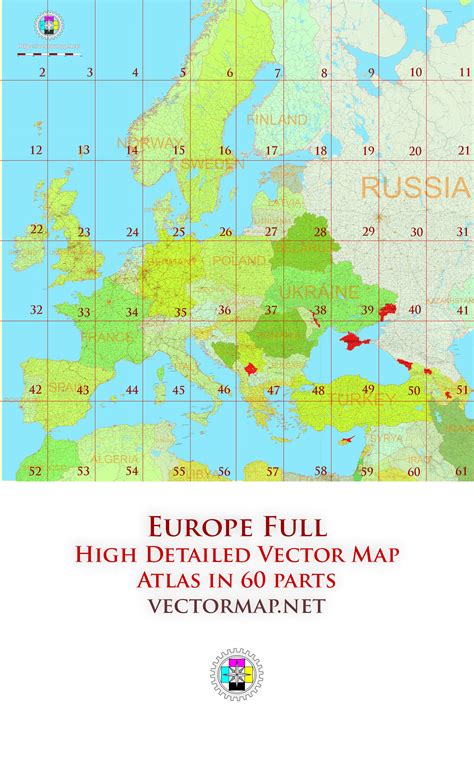 Europe Full Road Tourist Map multi-page atlas, contains 60 pages vector PDF