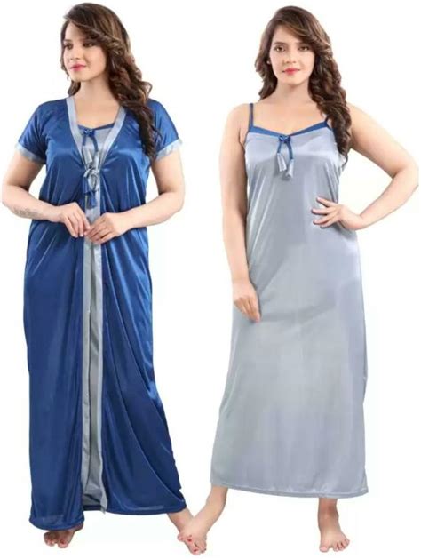 Zionity Women Blue Solid Satin Pack Of 2 Nighty JioMart