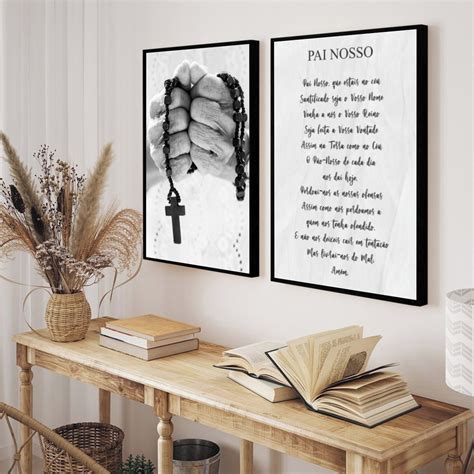 Kit 2 Quadros Oração Pai Nosso Deus Religioso Frases Terço Elo7