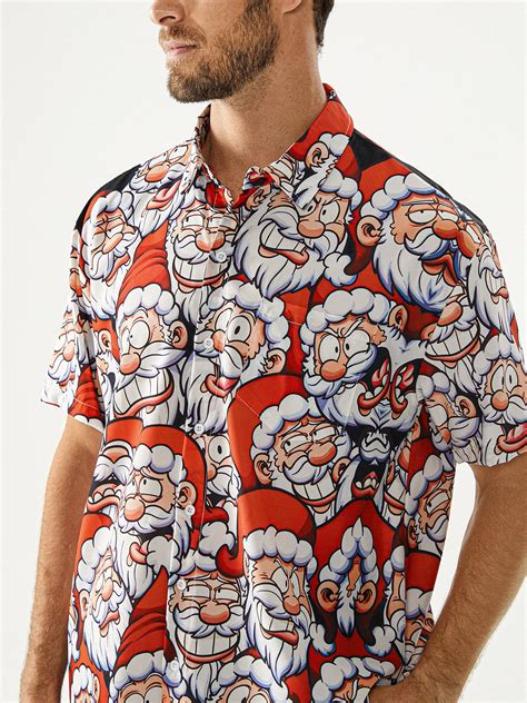 Hardaddy Christmas Santa Claus Chest Pocket Short Sleeve Casual Shirt