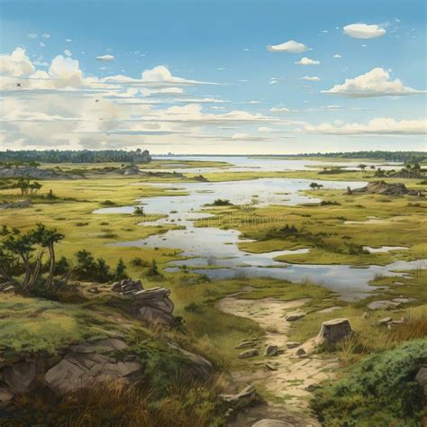 Vibrant Bay View Of Dwarves In Marshy Flat Lands Stock Illustration