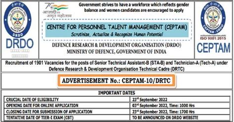 Drdo Ceptam Recruitment 2022 Apply 1901 Technician