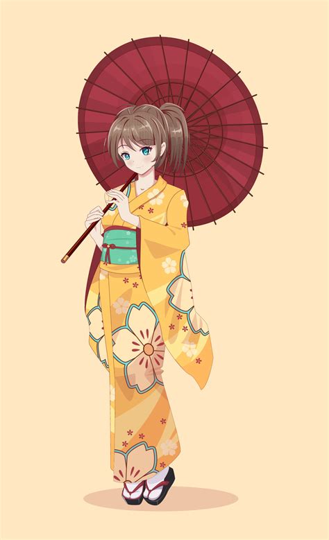 Anime Manga Girls In Traditional Japanese Kimono Costume Holding Paper