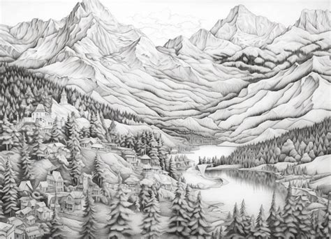 Premium AI Image | Pencil drawing of a mountain landscape with a lake ...