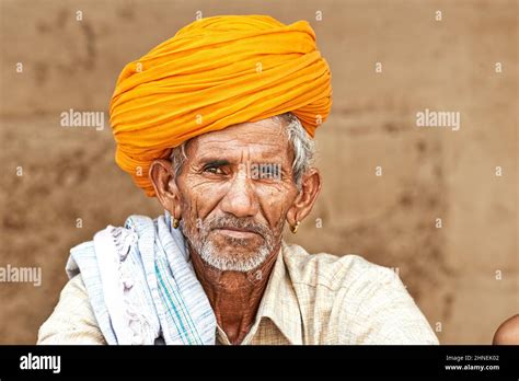 India Rajasthan Jodhpur Portrait Of An Old Man With Yellow Turban