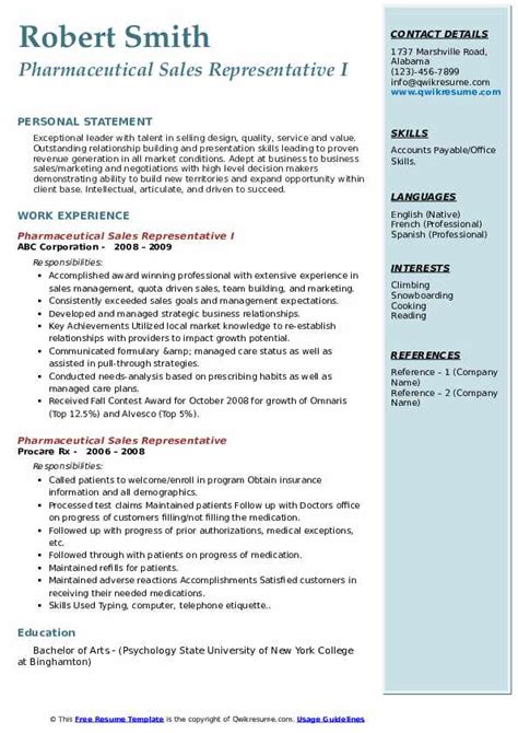 Pharmaceutical Sales Representative Resume Samples Qwikresume