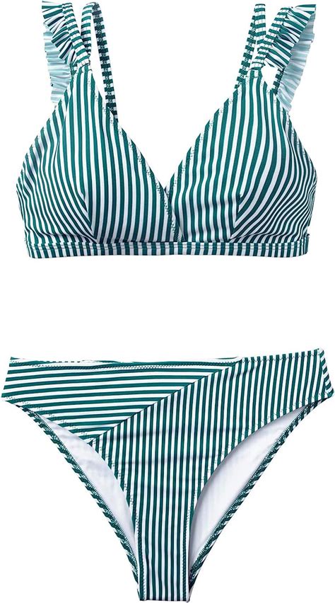 Amazon Cupshe Women S Cyan White Stripe Double Straps Bikini X