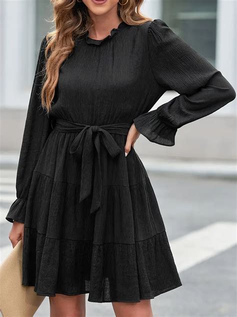 Solid High Collar Lantern Sleeve Dress Elegant Tie Waist Temu Australia