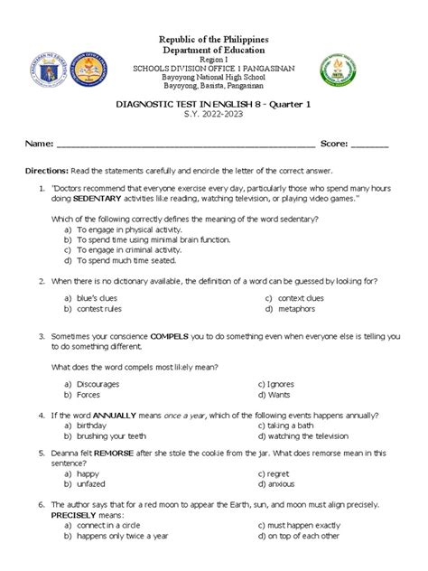 Diagnostic Test Grade 8 Pdf Adjective Verb