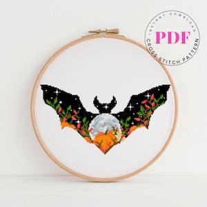 Bat Cross Stitch Pattern Halloween Cross Stitch Chart Floral Embroidery ...