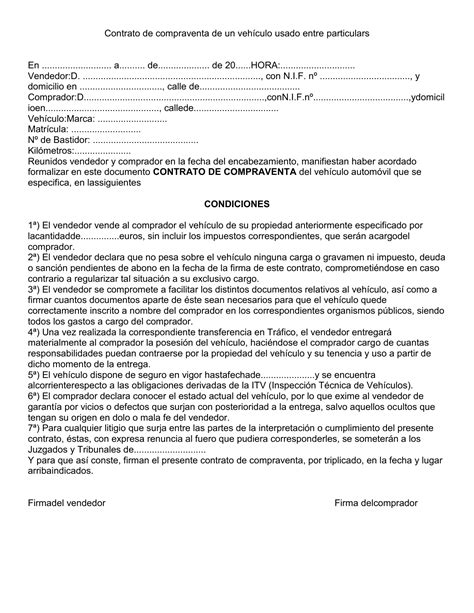 Contrato De Compraventa De Un Vehículo Usado Entre Particulars