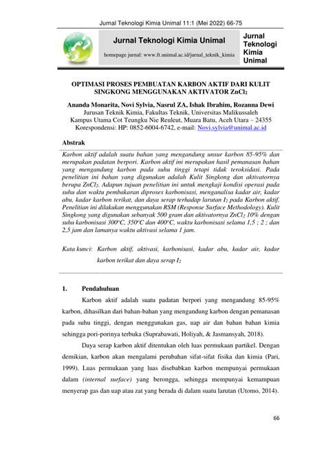 PDF OPTIMASI PROSES PEMBUATAN KARBON AKTIF DARI KULIT SINGKONG