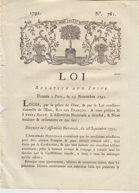 Loi relative aux Juifs Donnée à Paris le 13 Novembre 1791 Décret