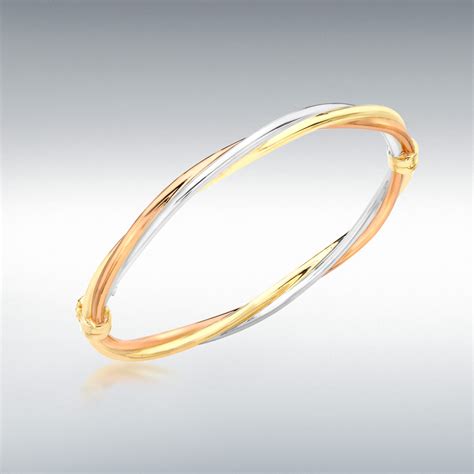 18ct 3 Colour Gold 4mm Twist Tube Bangle 18 Ct Gold Bangles Ibb London