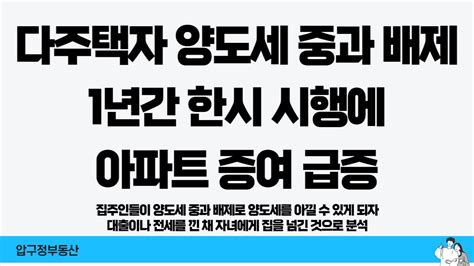 ‘다주택자 양도세 중과 배제 1년간 한시 시행에 아파트 증여 급증 압구정부동산 Youtube