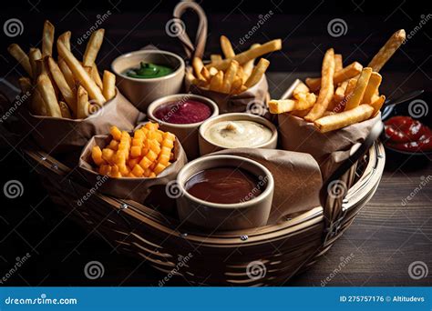 Basket of Fries with Variety of Delicious Dipping Sauces Stock Illustration - Illustration of ...