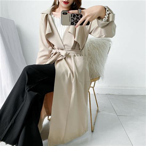 Autumn Winter Korean Style Women Trench Coat With Sashes Pockets