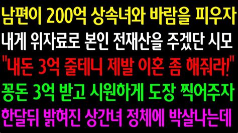 실화사연 남편이 200억 상속녀와 바람 피자 내게 위자료로 본인 전재산을 주겠단 시모 3억 줄테니 이혼 해줘라 꽁돈