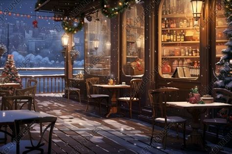 Cozy winter cafe scene with festive decoration