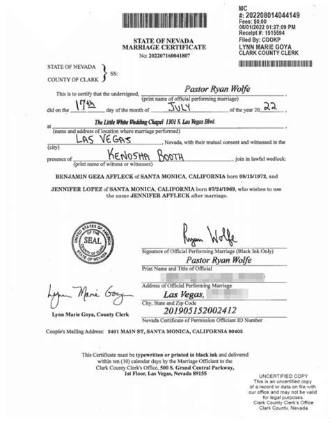 We Did It Ben Affleck And Jennifer Lopez S Marriage Certificate Is