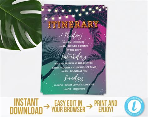 Tropical Itinerary Card Template Printable Beach Nights Etsy