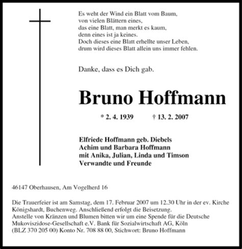 Traueranzeigen Von Bruno Hoffmann Trauer In Nrw De