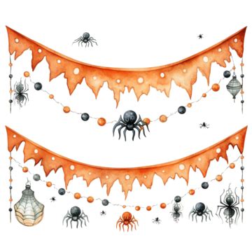 Set Of Watercolor Halloween Garlands With Spider Webs And Ghosts