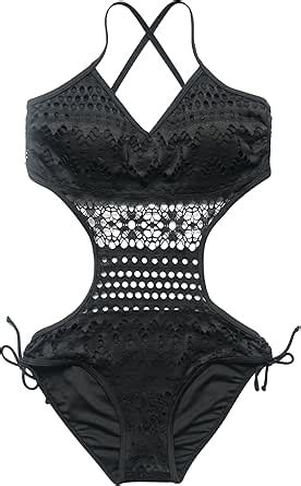 RUUHEE Women Bikini Swimsuit One Piece Sexy Lace Halter Padded Push Up L US Size 6 8 Black 1
