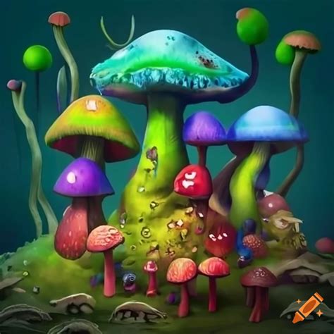 Colorful Army Of Mushrooms In A Fantasy World