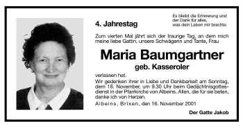 Traueranzeigen Von Maria Baumgartner Trauer Bz