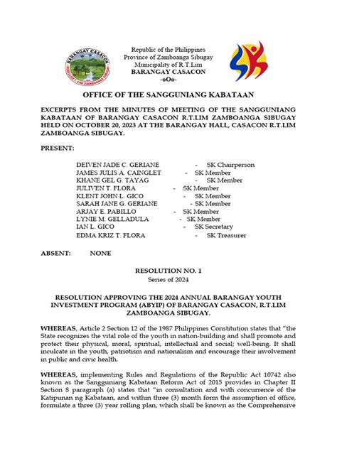 Sk Resolution Approving Abyip 012326 Pdf Philippines Justice