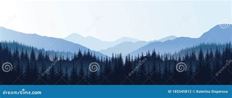 Vector Panoramic Landscape with Blue Silhouettes of Trees and Hills Stock Vector - Illustration ...