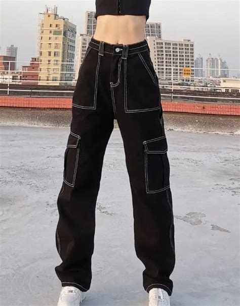 Patchwork Black Baggy Jeans Streetwear Fashion Women Denim Etsy