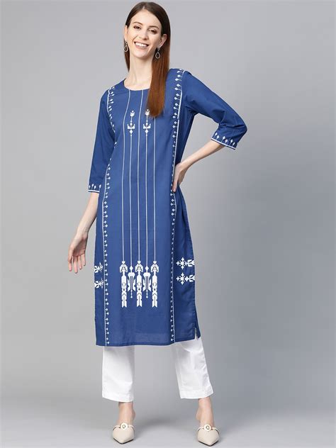 Buy Here Now Women Blue White Printed Straight Kurta Kurtas For