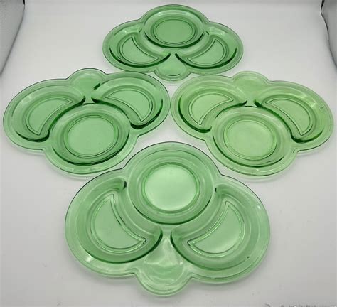 Rare 1920s Art Deco Snack Plate Set Of 4 Green Uranium Vaseline Depression Glass Etsy