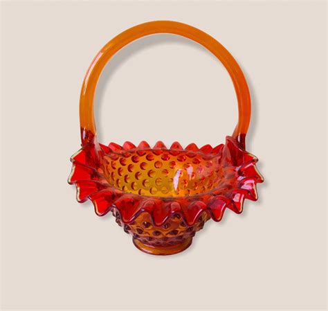 Vintage Amberina Orange Fenton Glass Hobnail Basket Etsy