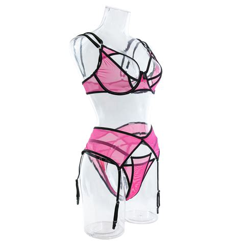 Sexy Womens Mesh Lingerie See Through Bikini Set Satin Garter Mesh Bra