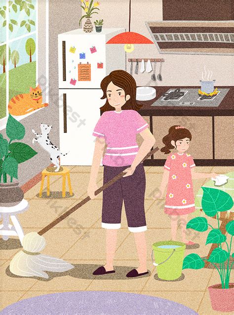 Home Life Mother And Daughter House Cleaning Texture Illustration ...