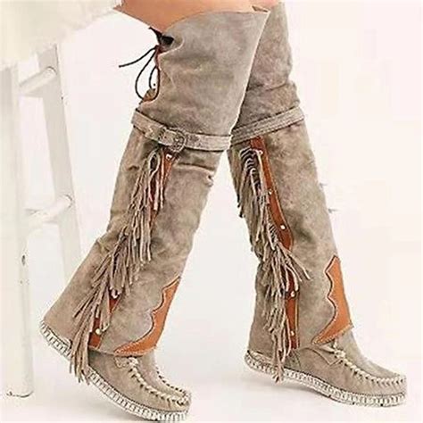 Women S Vintage Suede Fringe Knee High Boots Boho Style Embroidered