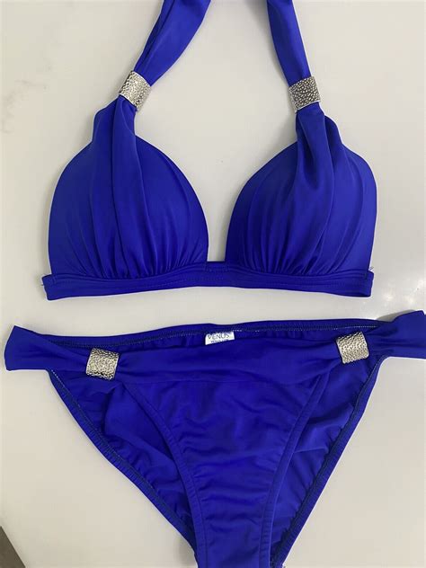 Venus Goddess Blue Bikini Top Bottom Silver Metal B Gem
